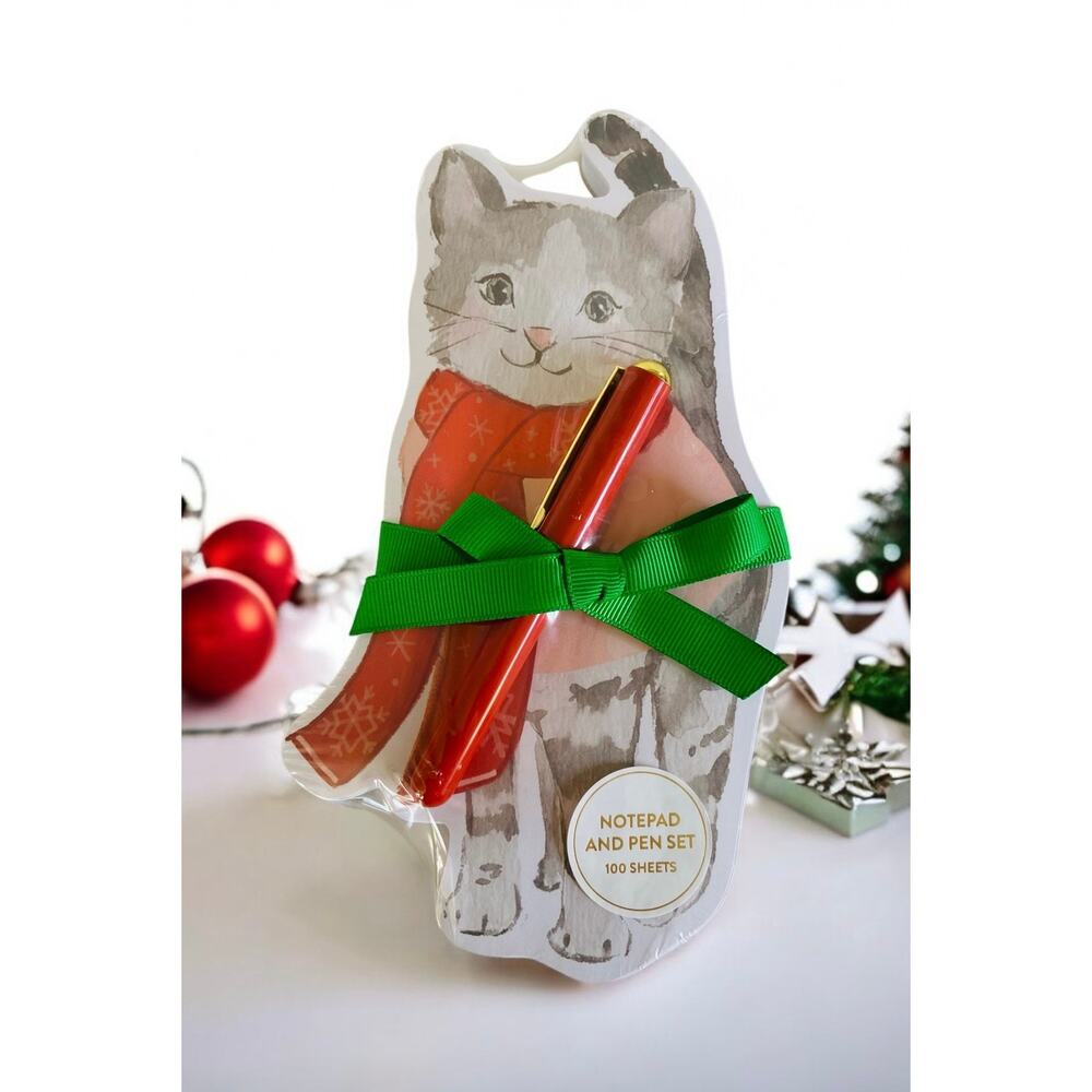 NEW Heatherlee Chan Gray Tabby Cat Kitten Winter Notepad & Pen Magnet Gift Set